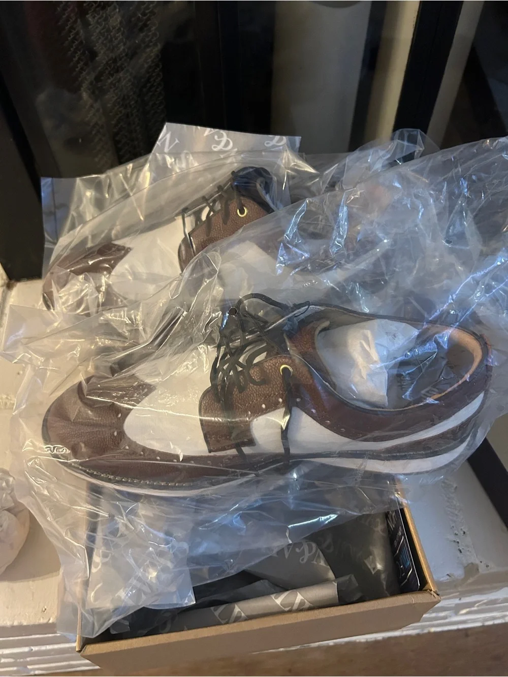 Men's Brown & White Leather golf shoes . NWT